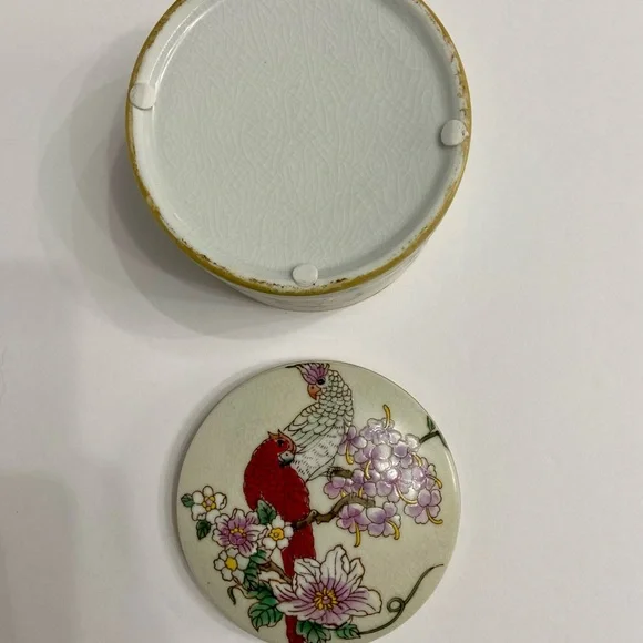 VTG Powder Trinket Jar Box With 2 Birds & Beautifully Colored Crackle Glaze - Picture 8 of 13